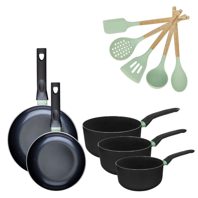 Lot 2 Poêles 20/24cm et 3 Casseroles 16/18/20cm Fackelmann Brandao avec 5 ustensiles