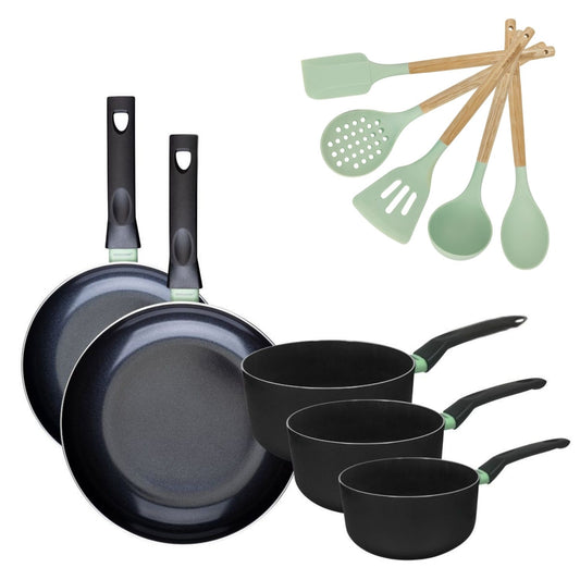 Batterie de cuisine avec 2 poêles 24/28 cm et 3 casseroles 16/18/20 cm avec 5 ustensiles de cuisine Fackelmann Brandao Océan