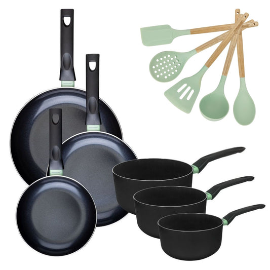 Lot de 3 poêles 20/24/28 cm et 3 casseroles 16/18/20 cm Fackelmann Brandao avec 5 ustensiles Fackelmann