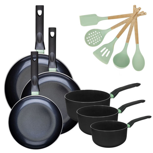 Lot de 3 poêles 24/28/30 cm et 3 casseroles 16/18/20 cm Fackelmann Brandao avec 5 ustensiles de cuisine