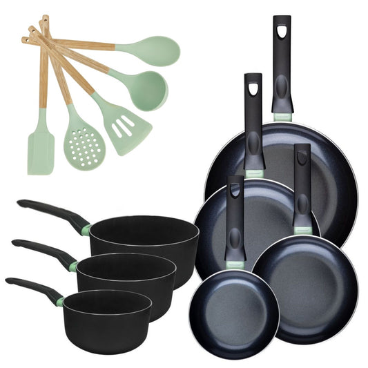 Batterie de cuisine avec 4 poêles 16/20/24/28 cm et 3 casseroles 16/18/20 cm et 5 ustensiles de cuisine Fackelmann Brandao Océan