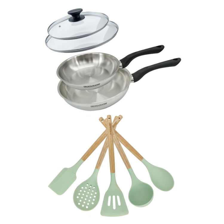 Lot Poêles inox 20/24 cm Fackelmann Geneva avec couvercles et 5 ustensiles