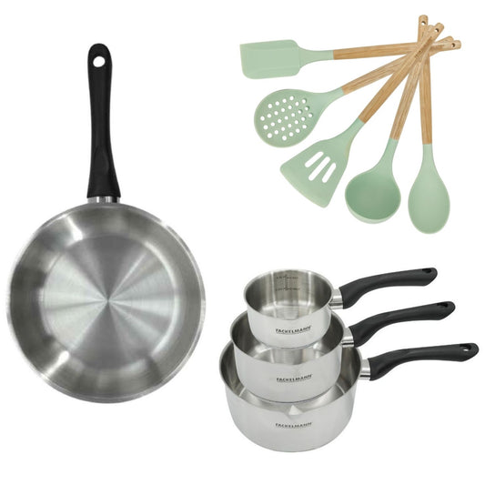 Lot Poêle 28cm et 3 Casseroles 12/16/20cm Fackelmann Généva avec 5 ustensiles