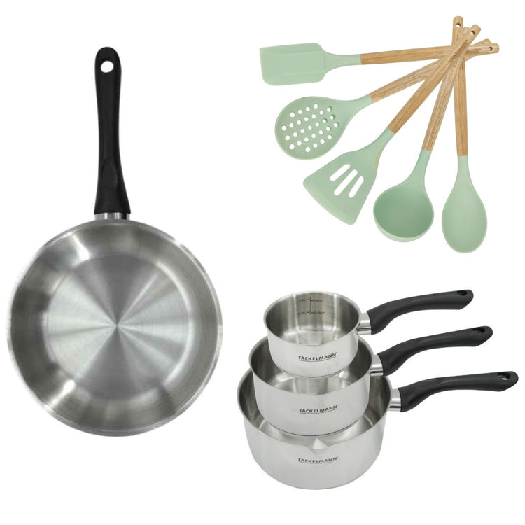 Lot Poêle 28cm et 3 Casseroles 12/16/20cm Fackelmann Généva avec 5 ustensiles