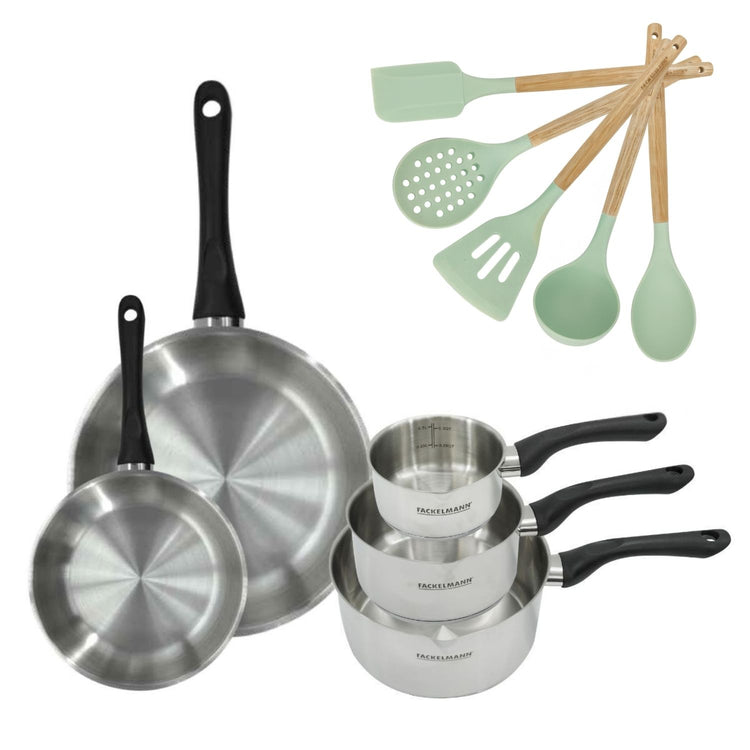 Lot Poêles 20/28 cm et Casseroles 12/16/20 cm Fackelmann Généva avec 5 ustensiles