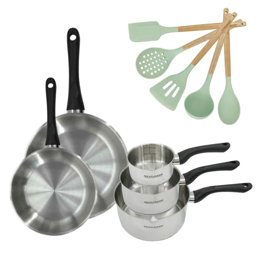 Batterie de cuisine avec 3 casseroles 12/16/20 cm et 2 poêles 24/28 cm et 5 ustensiles de cuisine sans PFAS Fackelmann Généva Océan