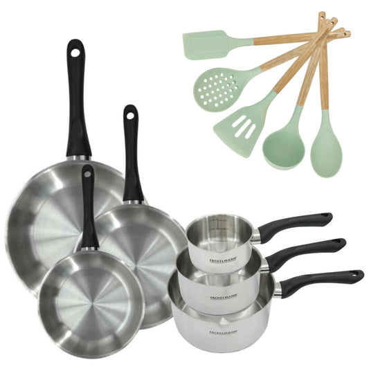 Lot de 3 poêles 20/24/28 cm en inox et 3 casseroles 12/16/20 cm Fackelmann Geneva avec 5 ustensiles
