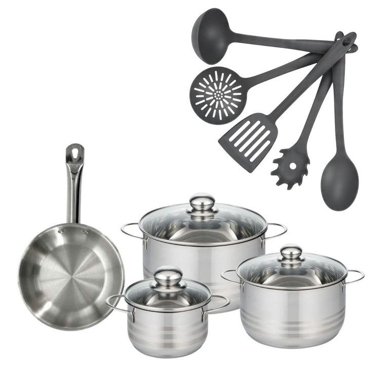 Set poêle 20 cm en inox, 3 faitouts inox 16, 20 et 24 cm et 5 ustensiles Fackelmann Eterna