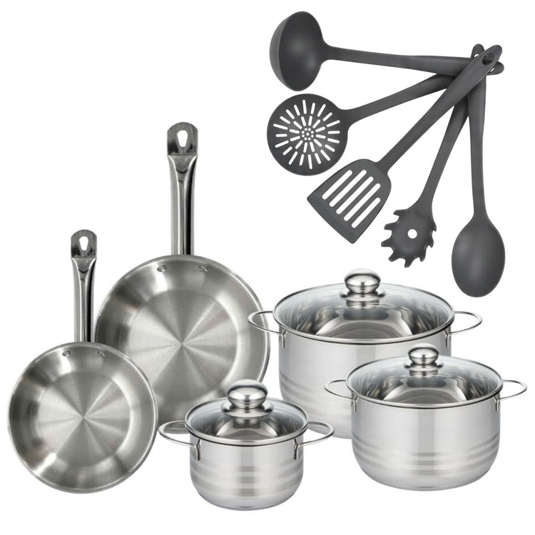 Set 2 poêles 20 et 24 cm en inox, 3 faitouts inox 16, 20 et 24 cm et 5 ustensiles Fackelmann Eterna