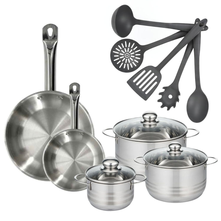 Set 2 poêles 20 et 28 cm en inox, 3 faitouts inox 16, 20 et 24 cm et 5 ustensiles Fackelmann Eterna