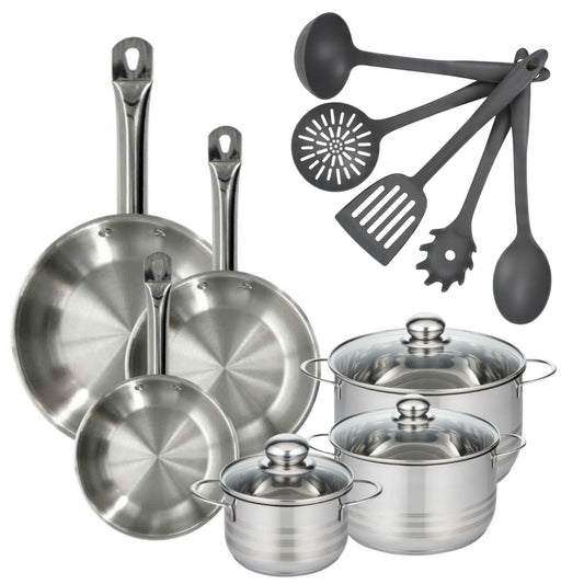 Set 3 poêles 20, 24 et 28 cm en inox, 3 faitouts inox 16, 20 et 24 cm et 5 ustensiles Fackelmann Eterna