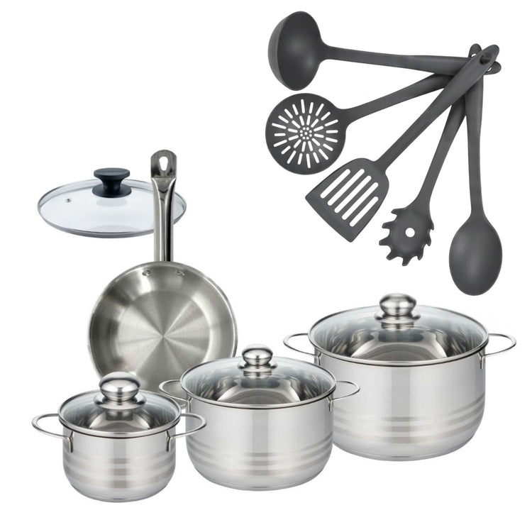Set poêle 20 cm en inox et couvercle, 3 faitouts inox 16, 20 et 24 cm et 5 ustensiles Fackelmann Eterna