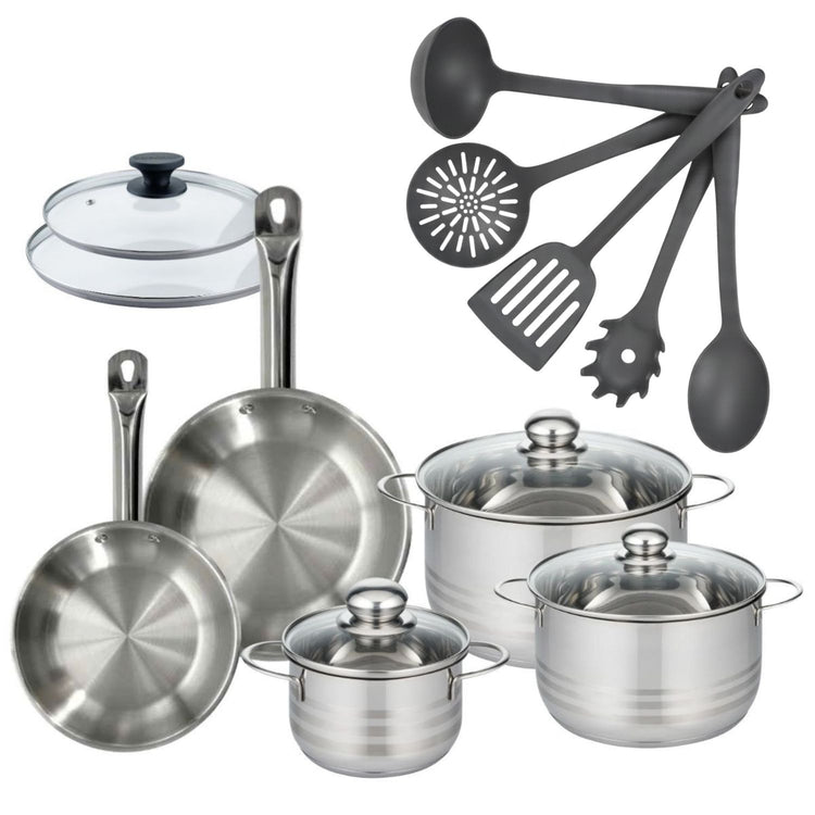 Lot 2 Poêles 20/24cm avec couvercles et 3 Faitouts 16/20/24cm Fackelmann Etherna avec 5 ustensiles Clips