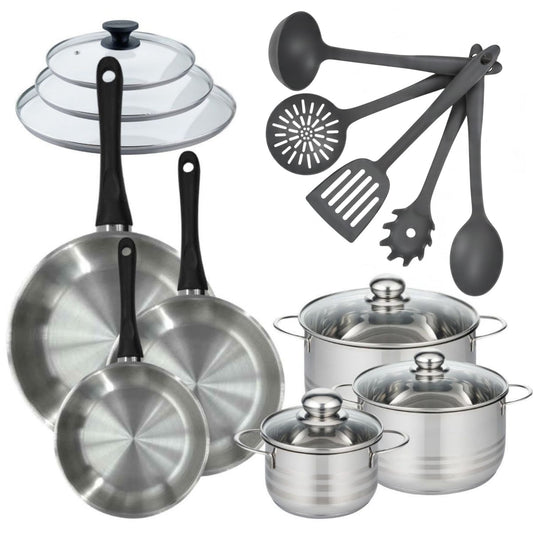 Lot de 3 Faitouts 16/20/24cm et 3 Poêles 20/24/28 cm en inox Fackelmann Généva avec couvercles et 5 ustensiles