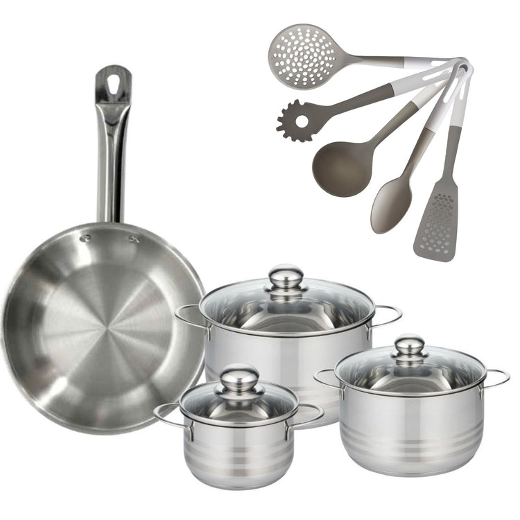 Batterie de cuisine avec 3 faitouts 16/20/24 cm et 1 poêle 28 cm avec 5 ustensiles de cuisine Fackelmann Etherna Brillant Vario