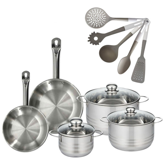 Batterie de cuisine avec 3 faitouts 16/20/24 cm et 2 poêles 20/24 cm et 5 ustensiles de cuisine Fackelmann Etherna Brillant Vario