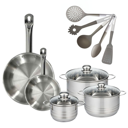 Lot de 2 Poêles en inox 20/28 cm Fackelmann Eterna avec 3 Faitouts 16/20/24 cm et 5 ustensiles