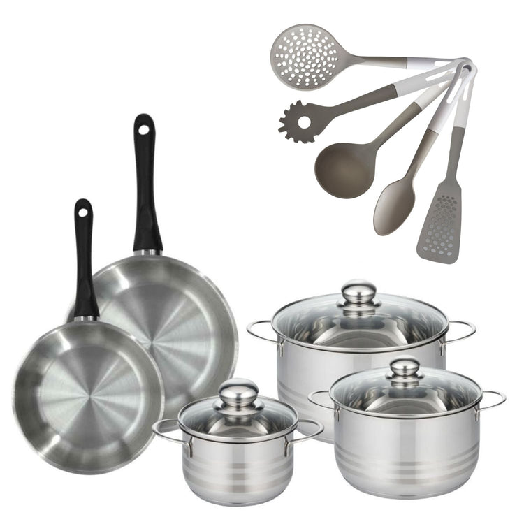 Batterie de cuisine avec 3 faitouts 16/20/24 cm et 2 poêles 20/24 cm avec 5 ustensiles de cuisine Fackelmann Généva Brillant Vario
