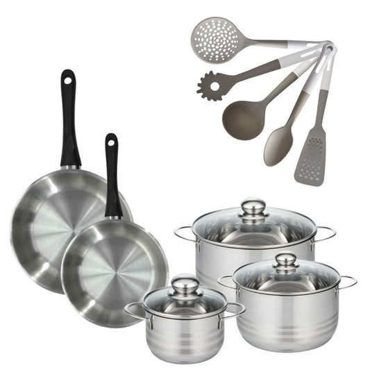 Batterie de cuisine avec 3 faitouts 16/20/24 cm et 2 poêles 24/28 cm et 5 ustensiles de cuisine Fackelmann Généva Brillant Vario