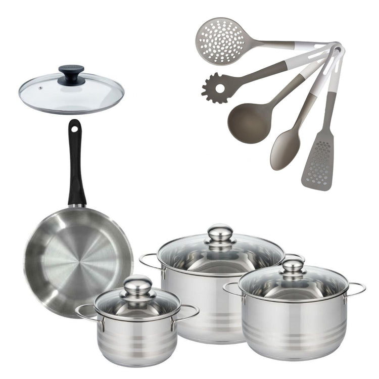 Batterie de cuisine avec 3 faitouts 16/20/24 cm et 1 poêle 20 cm avec 6 ustensiles de cuisine Fackelmann Généva Brillant Vario avec couvercles