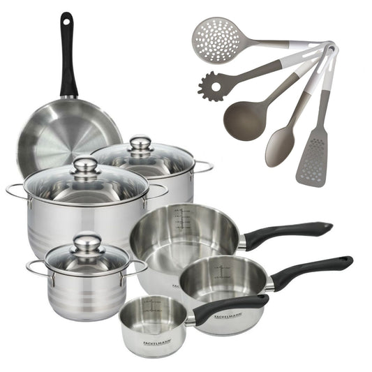 Set 1 poêle 20 cm, 3 casseroles 12 16 20 cm, 3 faitouts 16, 20 et 24 cm en inox et 5 ustensiles Fackelmann Geneva