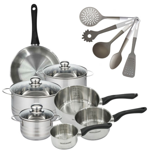 Lot de poêle 24 cm, 3 Faitouts 16/20/24cm & 3 Casseroles 12/16/20cm Fackelmann Geneva et 5 ustensiles