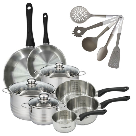 Set 2 poêles 20 28 cm, 3 casseroles 12 16 20 cm, 3 faitouts 16, 20 et 24 cm en inox et 5 ustensiles Fackelmann Geneva
