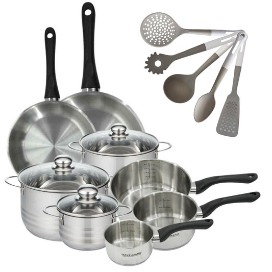 Lot de avec 2 Poêles 24/28cm, 3 Faitouts 16/20/24cm et 3 Casseroles 12/16/20cm en inox Fackelmann Geneva et 5 ustensiles