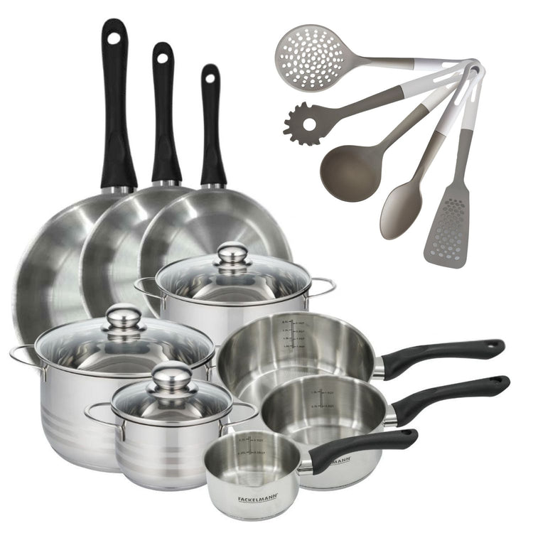 Lot Faitouts 16/20/24 cm & Casseroles 12/16/20 cm Fackelmann Geneva avec Poêles 20/24/28 cm et 5 Ustensiles