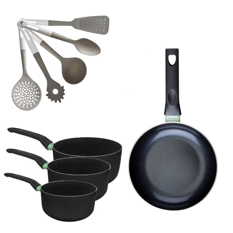 Lot Poêle 28cm et 3 Casseroles 16/18/20cm Fackelmann Brandao avec 5 ustensiles