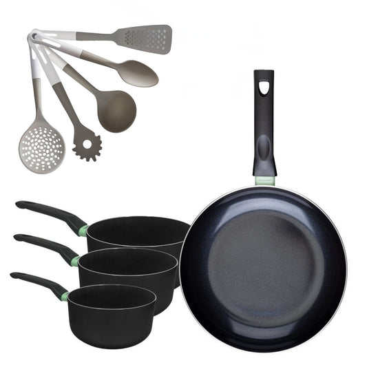 Lot Poêle 30 cm & 3 Casseroles 16/18/20 cm Fackelmann Brandao avec 5 Ustensiles de Cuisine
