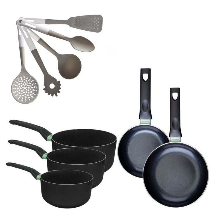 Lot de 2 poêles 16/20 cm et 3 casseroles 16/18/20 cm Fackelmann Brandao avec 5 ustensiles de cuisine