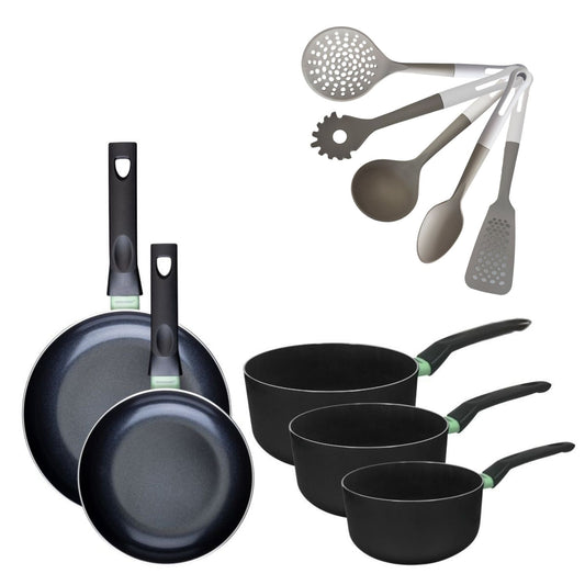 Batterie de cuisine avec 2 poêles 20/24 cm et 3 casseroles 16/18/20 cm et 5 ustensiles de cuisine sans PFAS Fackelmann Brandao Vario
