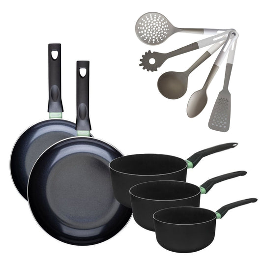 Batterie de cuisine avec 2 poêles 24/28 cm et 3 casseroles 16/18/20 cm et 5 ustensiles de cuisine Fackelmann Brandao Vario