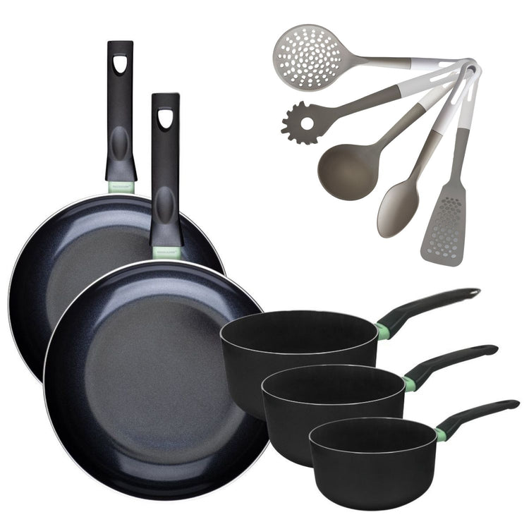 Lot de 2 Poêles 28/30 cm et 3 Casseroles 16/18/20 cm Fackelmann Brandao avec 5 ustensiles de cuisine