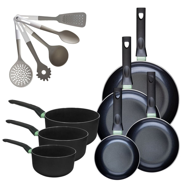 Lot de 4 Poêles 16/20/24/28 cm et 3 Casseroles 16/18/20 cm Fackelmann Brandao avec 5 ustensiles de cuisine