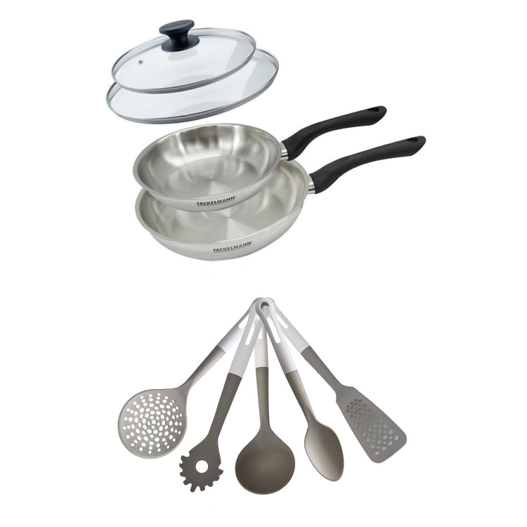 Lot de 2 Poêles en inox 20/24 cm avec couvercles Fackelmann Geneva avec 5 ustensiles de cuisine