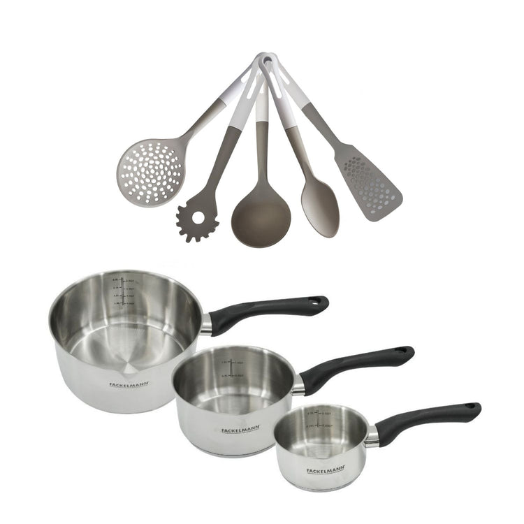 Batterie de cuisine avec 3 casseroles 12/16/20 cm en inox et 5 ustensiles de cuisine sans PFAS Fackelmann Généva Vario