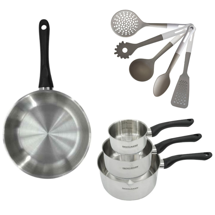 Lot 3 Casseroles 12/16/20 cm et 1 Poêle 28 cm Fackelmann Geneva avec 5 ustensiles de cuisine