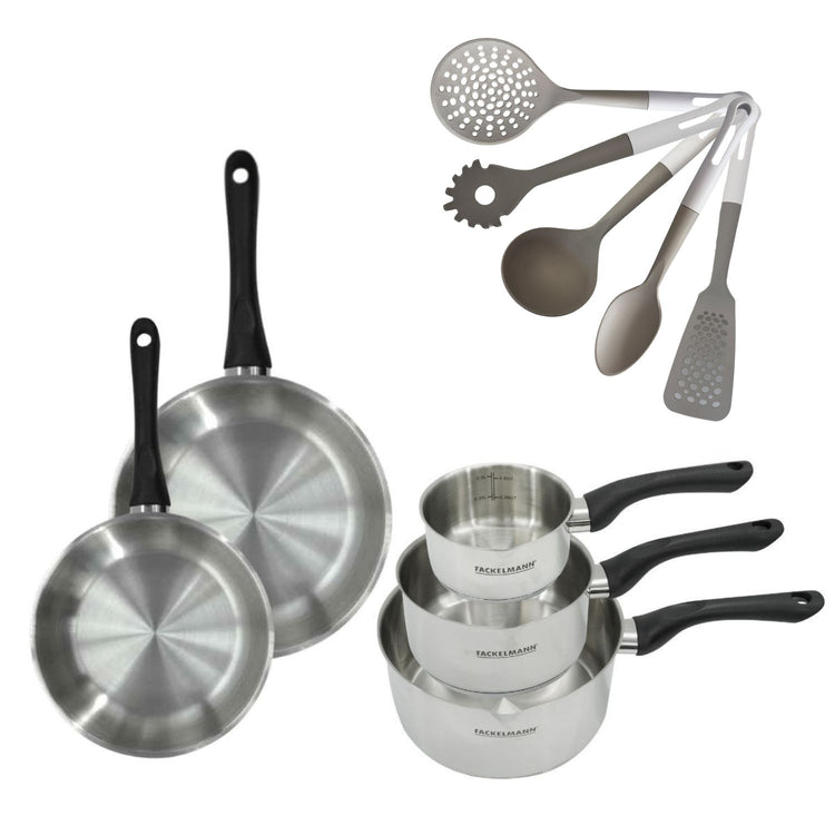Batterie de cuisine avec 3 casseroles 12/16/20 cm et 2 poêles 20/24 cm avec 5 ustensiles de cuisine Fackelmann Généva Vario