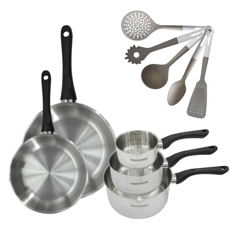 Lot Casseroles 12/16/20 cm et Poêles Inox 24/28 cm Fackelmann Geneva avec 5 ustensiles