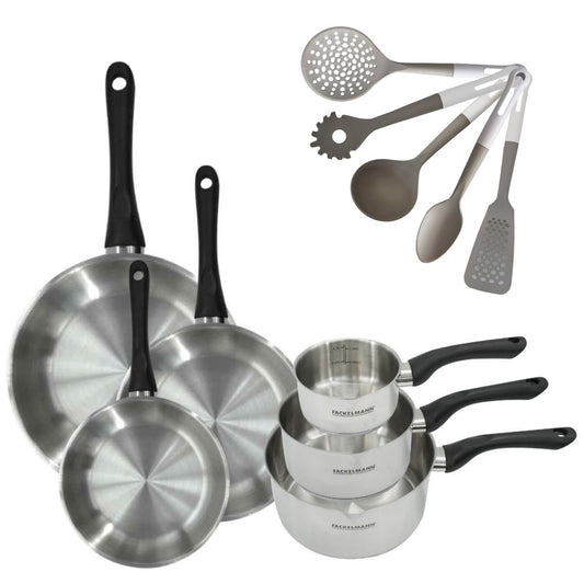 Lot de 3 poêles 20/24/28 cm et 3 casseroles 12/16/20 cm Fackelmann Geneva avec 5 ustensiles de cuisine