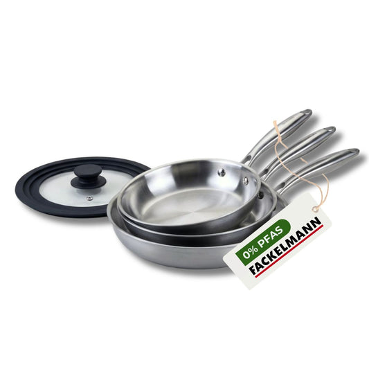 Set de 3 poêles de cuisson 20/24/28 cm en acier inoxydable avec 1 couvercle de cuisson universel Fackelmann Vita3