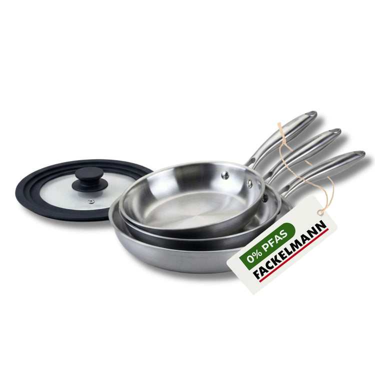 Set de 3 poêles de cuisson 20/24/28 cm en acier inoxydable avec 1 couvercle de cuisson universel Fackelmann Vita3
