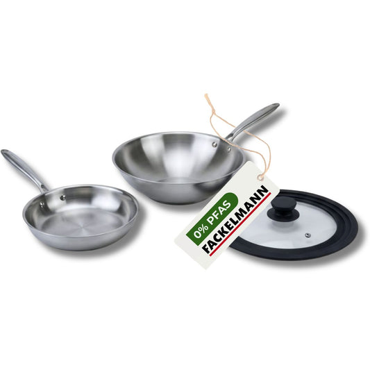 Poêle 24 cm et Wok 28 cm inox 18/10 Triply et couvercle Fackelmann Vita3