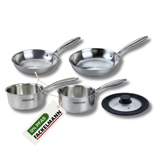 Poêles à Frire 20 et 24 cm Casseroles 14 et 18 cm inox 18/10 Triply et couvercle Fackelmann Vita3