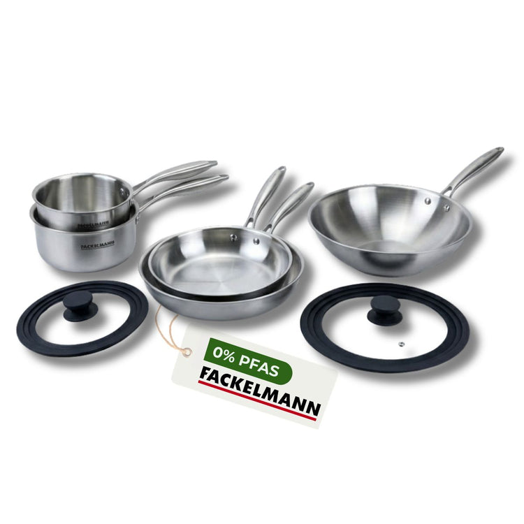 Poêles à Frire 24 et 28 cm, Casseroles 14 et 18 cm, Wok 28 cm inox 18/10 Triply et 2 couvercles Fackelmann Vita3