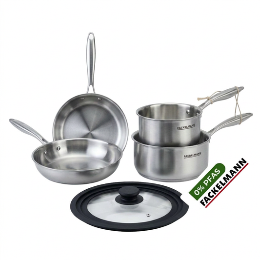Batterie de cuisine avec 2 poêles 20/28 cm et 2 casseroles 14/18 cm avec 1 couvercle de cuisson universel sans PFAS Fackelmann Vita3