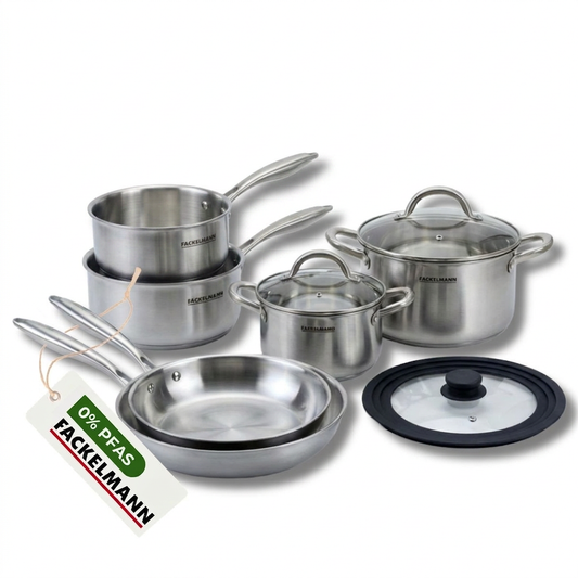 Batterie de cuisine avec 2 poêles 24/28 cm et 2 casseroles 14/18 cm avec 1 couvercle de cuisson universel Fackelmann Vita3