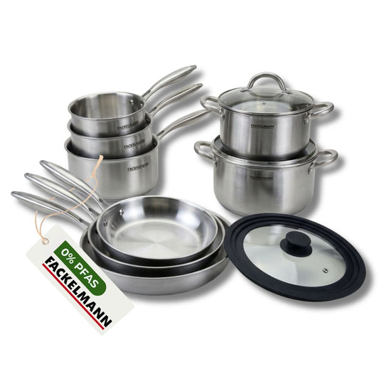 3 poêles à Frire 20 24 et 28 cm, Casseroles 14 16 et 18 cm, Faitouts 20 24 cm inox 18/10 Triply, Couvercle Fackelmann Vita3